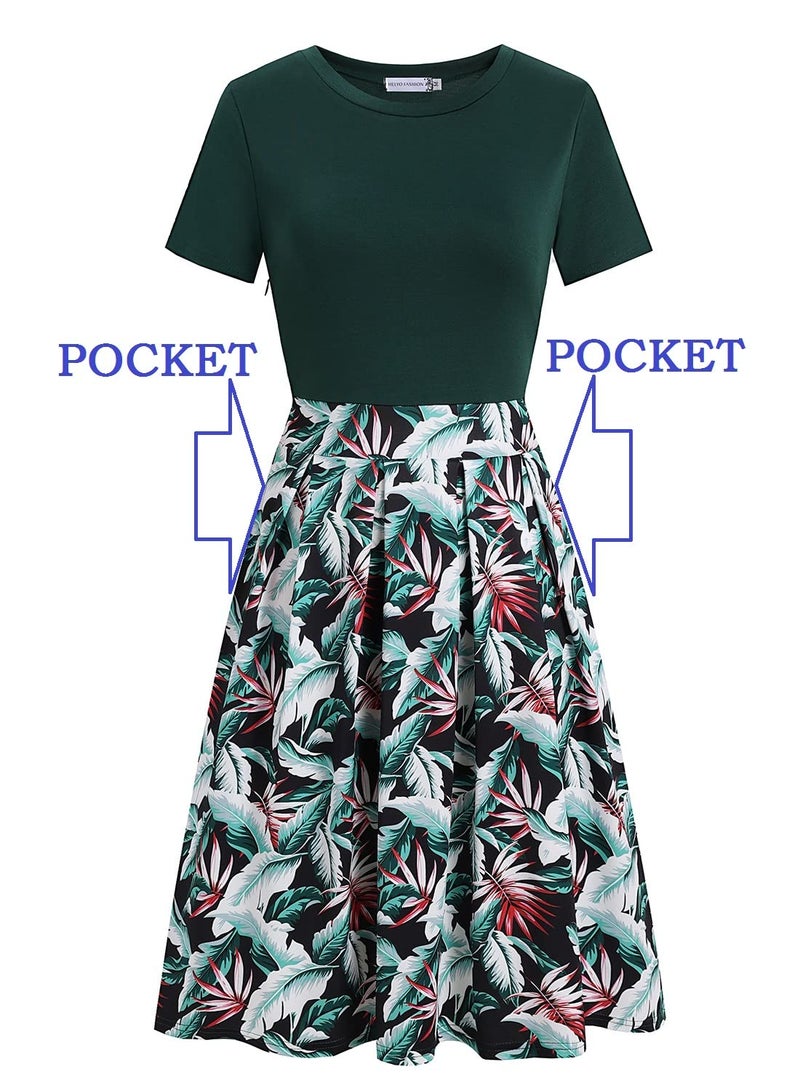 HELYO Women's Elegant Vintage Business Casual Floral Print Work Party A-Line Swing Dress with Pockets 838 Green Floral L - Image 5